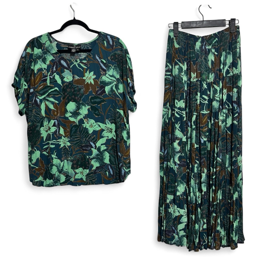 Vtg Carole Little Midi Skirt Set Sz 4 Greenish Blue Floral Rayon Oversize Flowy